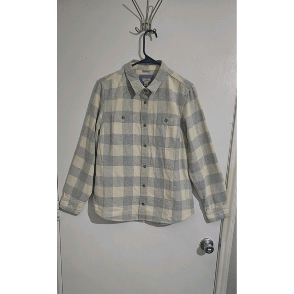 L.L. Bean Tops - L.L. Bean Plaid Flannel Button Down Shirt Size Medium Ivory‎ Blue Preppy Soft